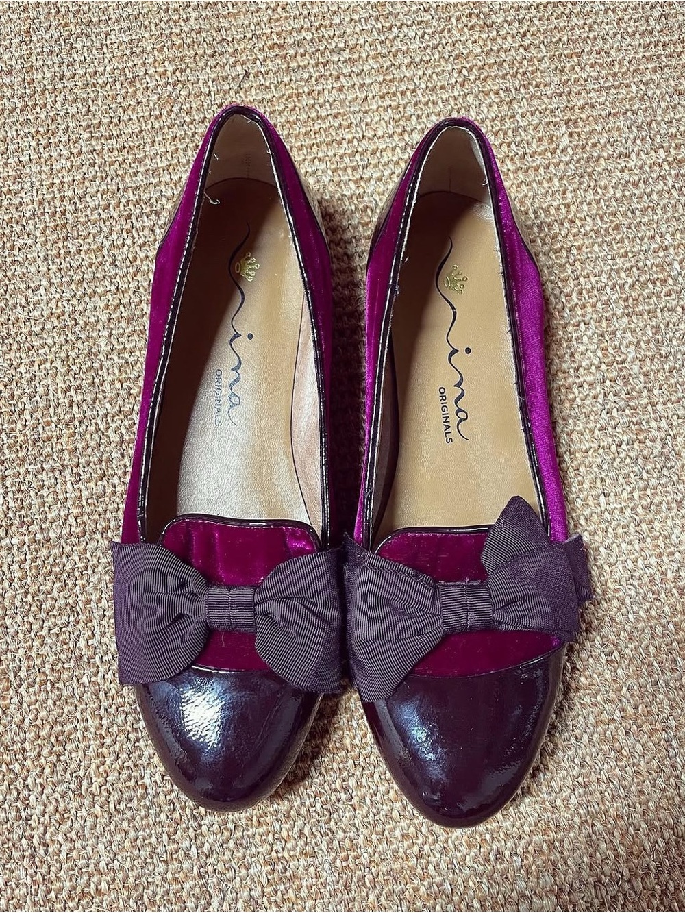 Nina Originals Women's Plum Velvet and Patent Bow Flats